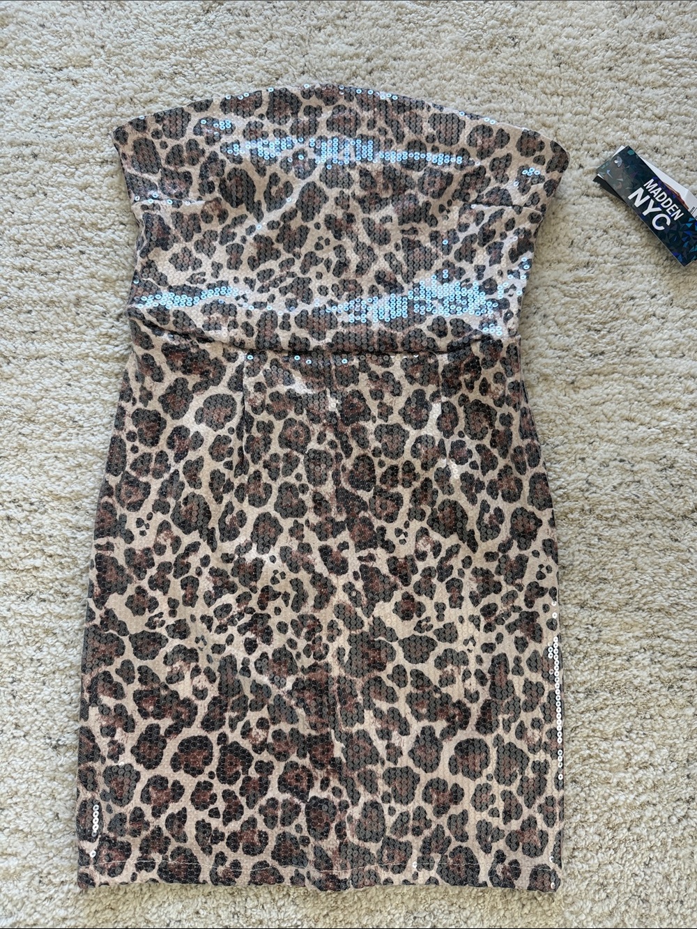 Madden NYC Leopard Print Strapless Sequin Dress - Brown